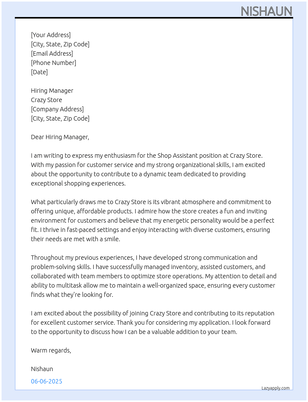 Shop Assistant At crazy store Cover Letter