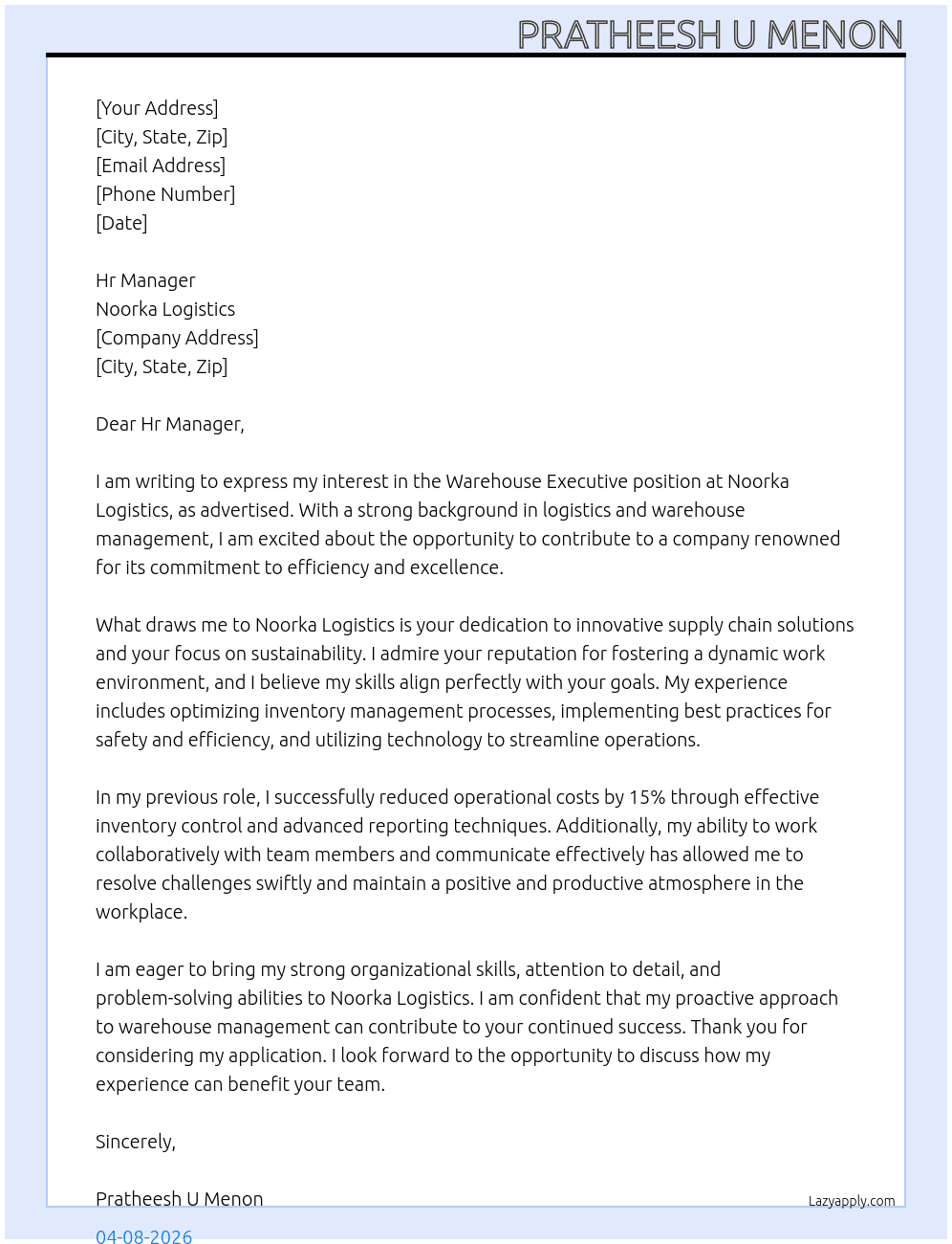 Cover letter for warehouse executive - LazyApply