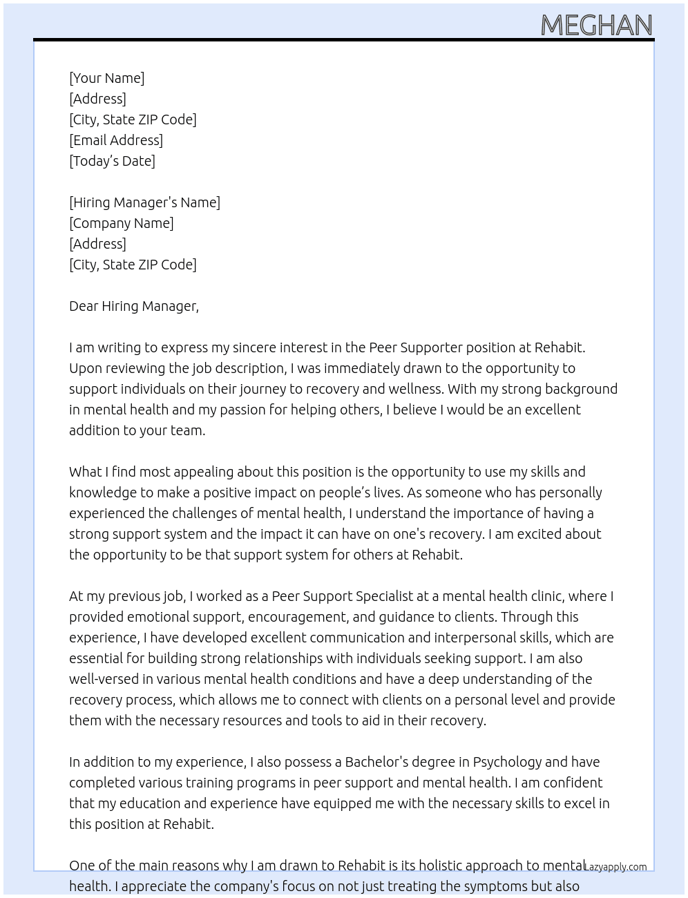 Peer Supporter At Rehabit Cover Letter