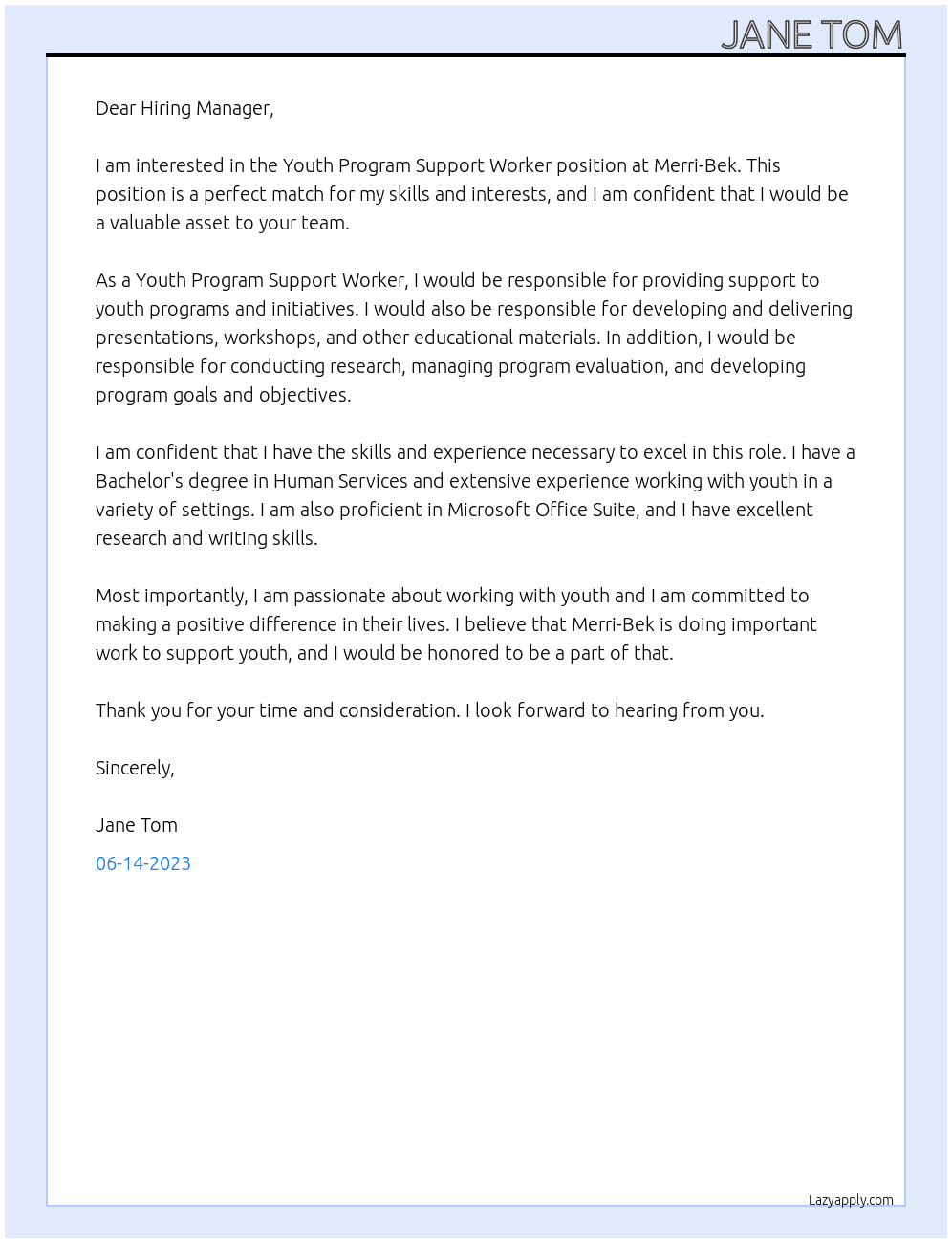 Youth Program Support Worker At Merri-Bek Cover Letter