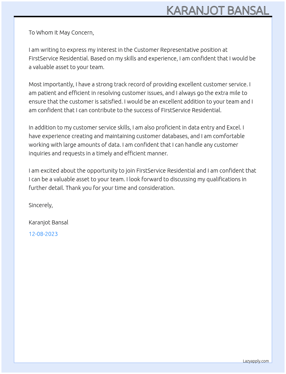  customers representative At FirstService Residential Cover Letter
