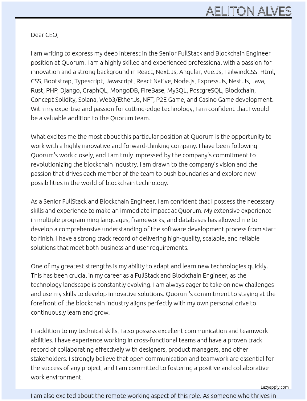 Senior FullStack and Blockchain Engineer At Quorum  Cover Letter
