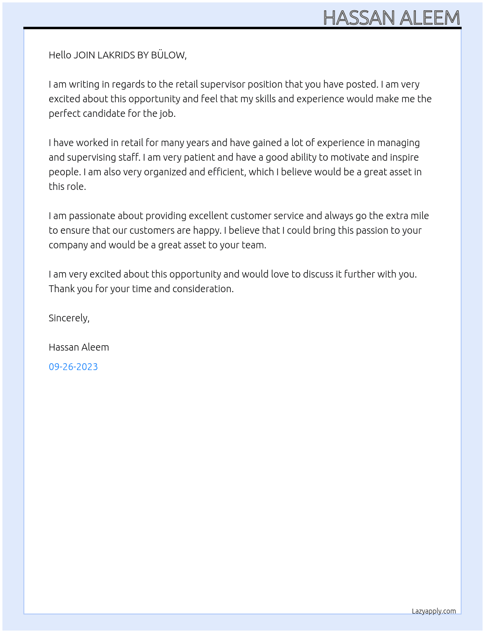 retail supervisor  At JOIN LAKRIDS BY BÜLOW Cover Letter