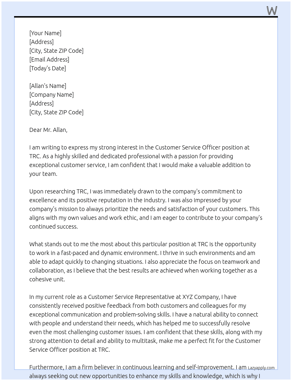 Customer Service officer At TRC Cover Letter