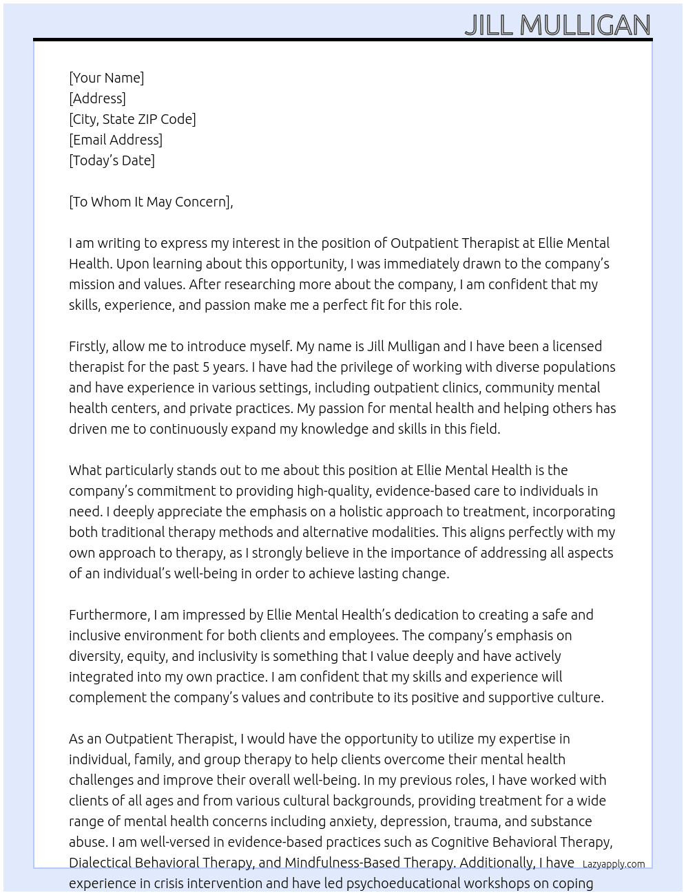 Outpatient Therapist At Ellie Mental Health Cover Letter