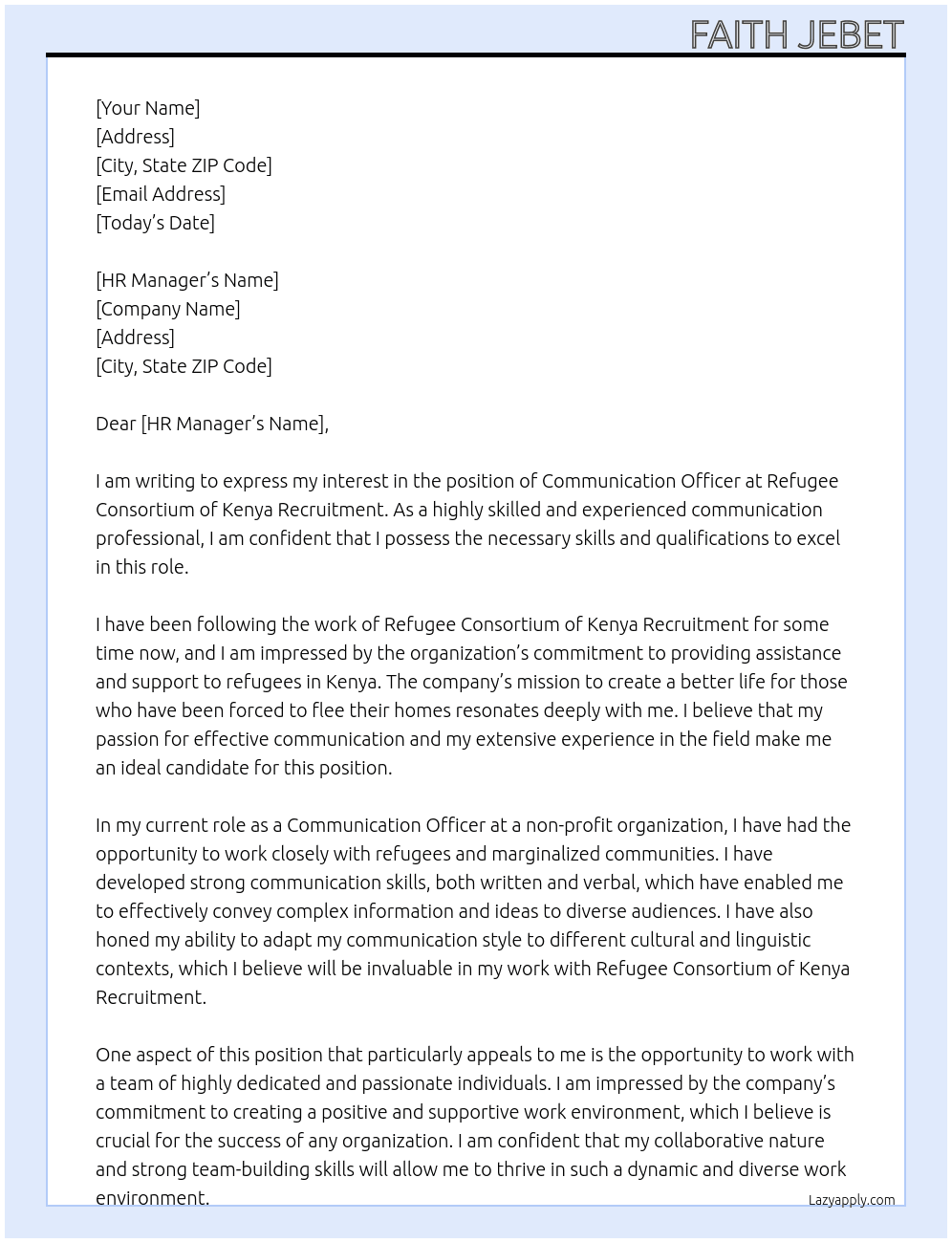 Communication Officwr At Refugee Constortium of Kenya Recruitment Cover Letter