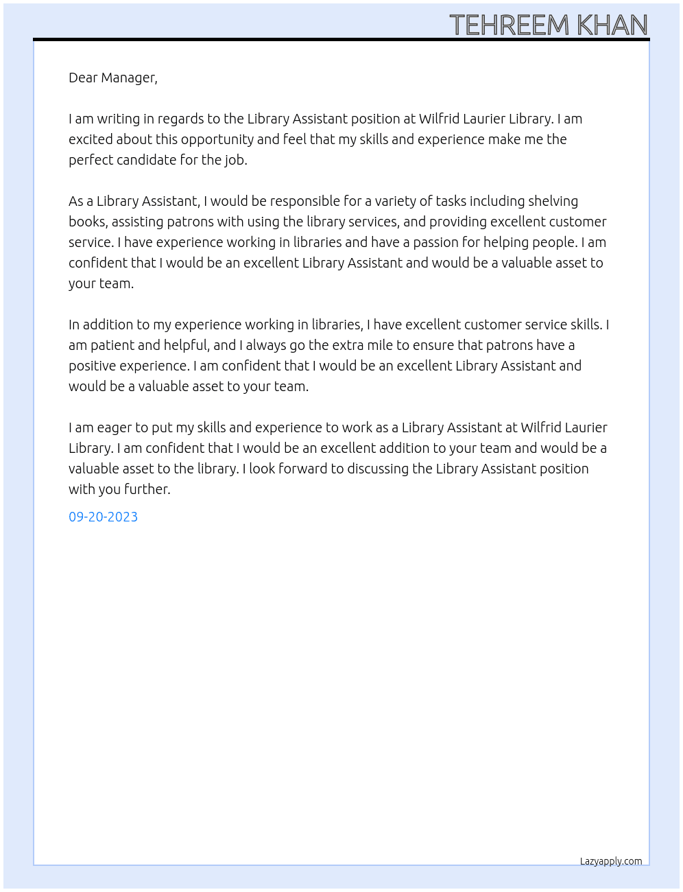 library asistant At wilfrid laurier library Cover Letter