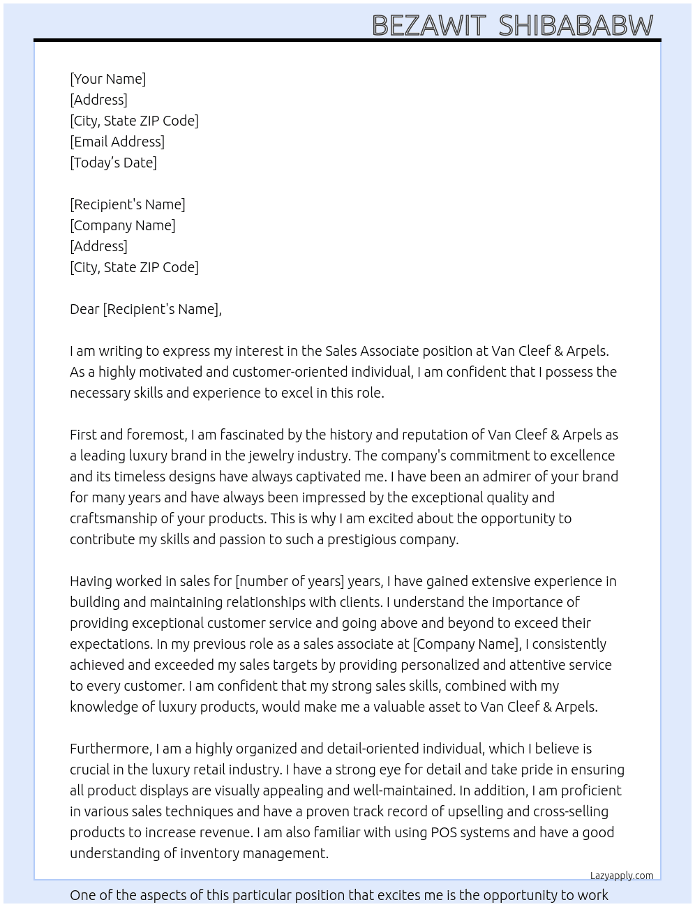 Sales associated  At Van cleef&Arpels Cover Letter