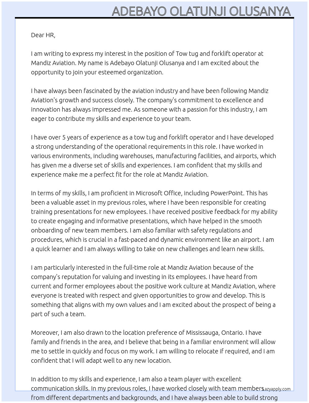 Tow tug and forklift operator  At Mandiz Aviation  Cover Letter