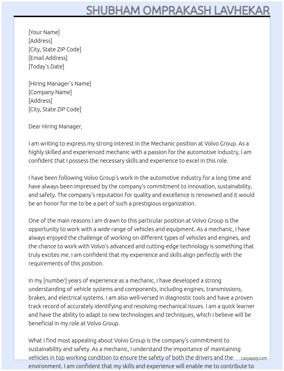 Mechanic  At Volvo group Cover Letter