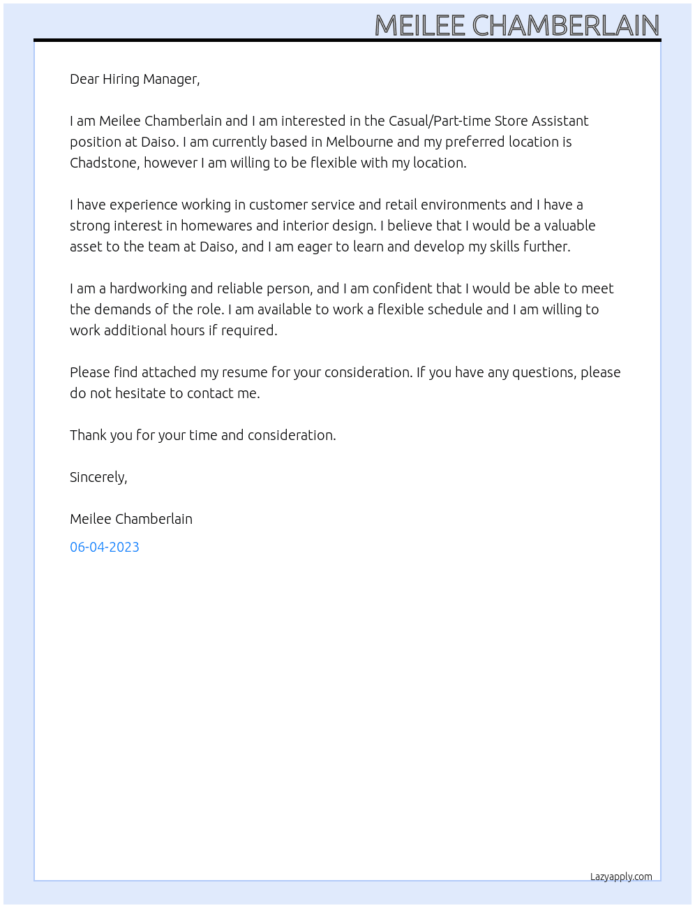 Casual/Part-time Store Assistant At Daiso Cover Letter