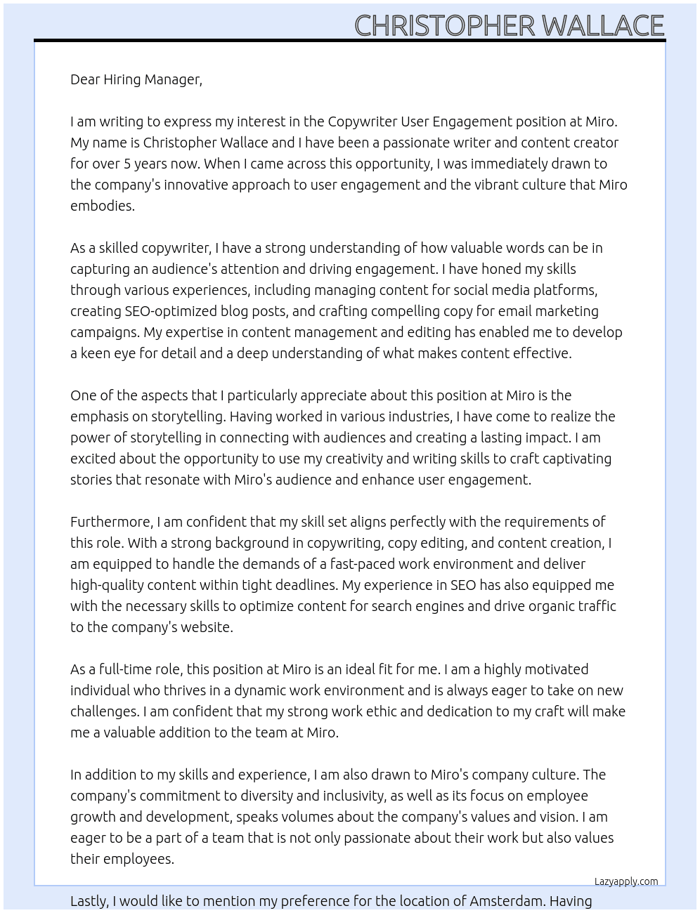 copywriter user engagement At Miro Cover Letter