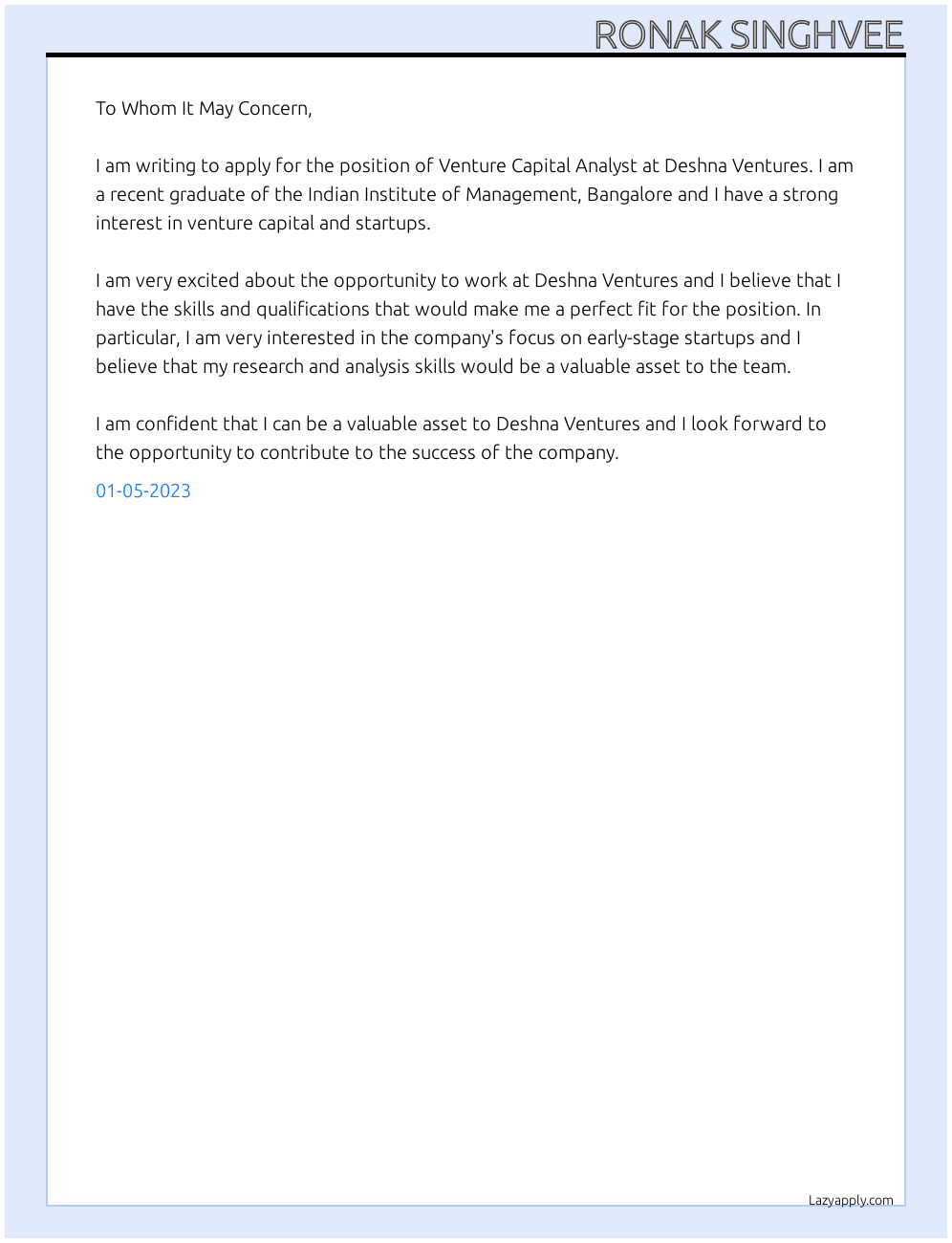 Venture capital analyst  At Deshna ventures  Cover Letter