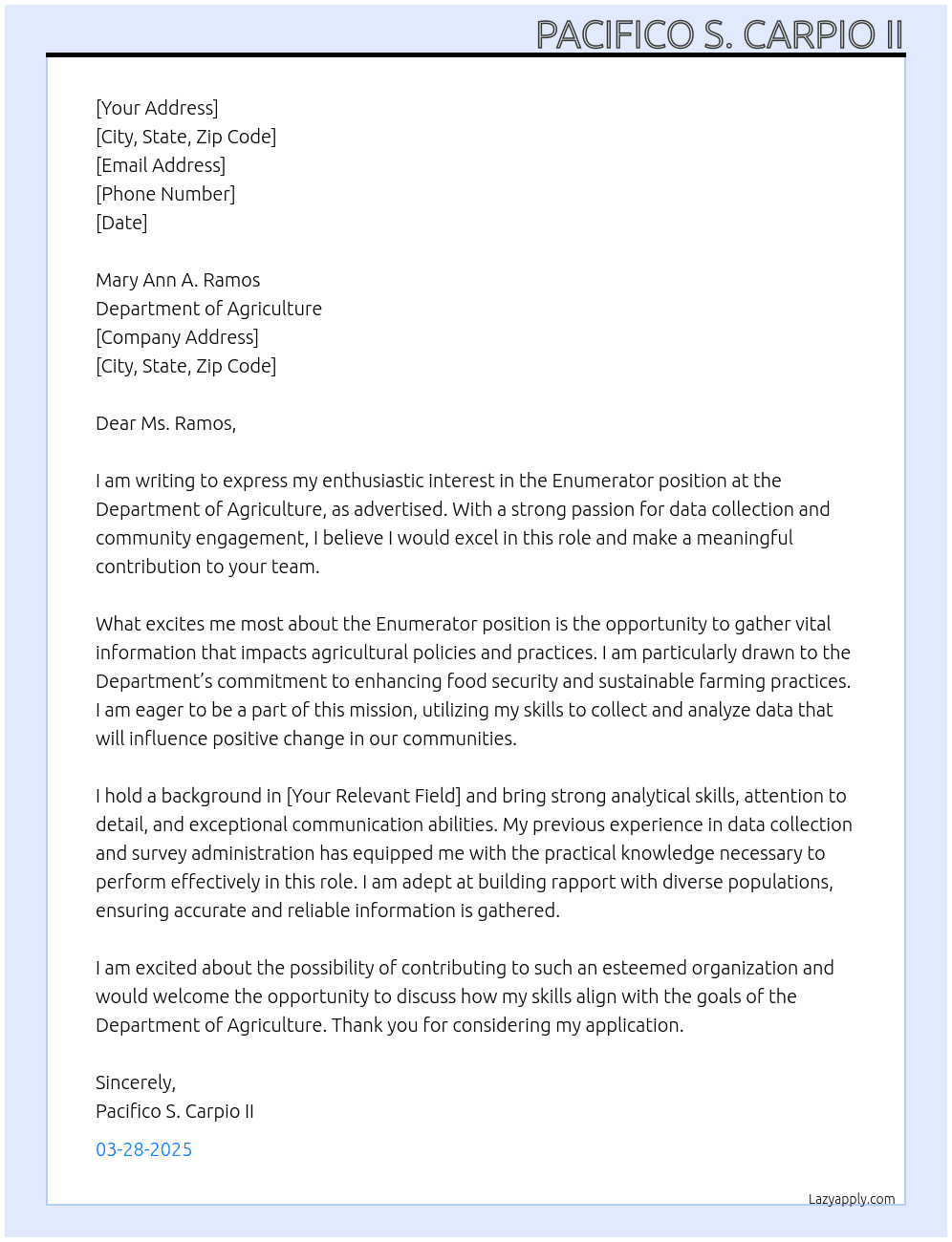 Enumerator At Department of agriculture Cover Letter