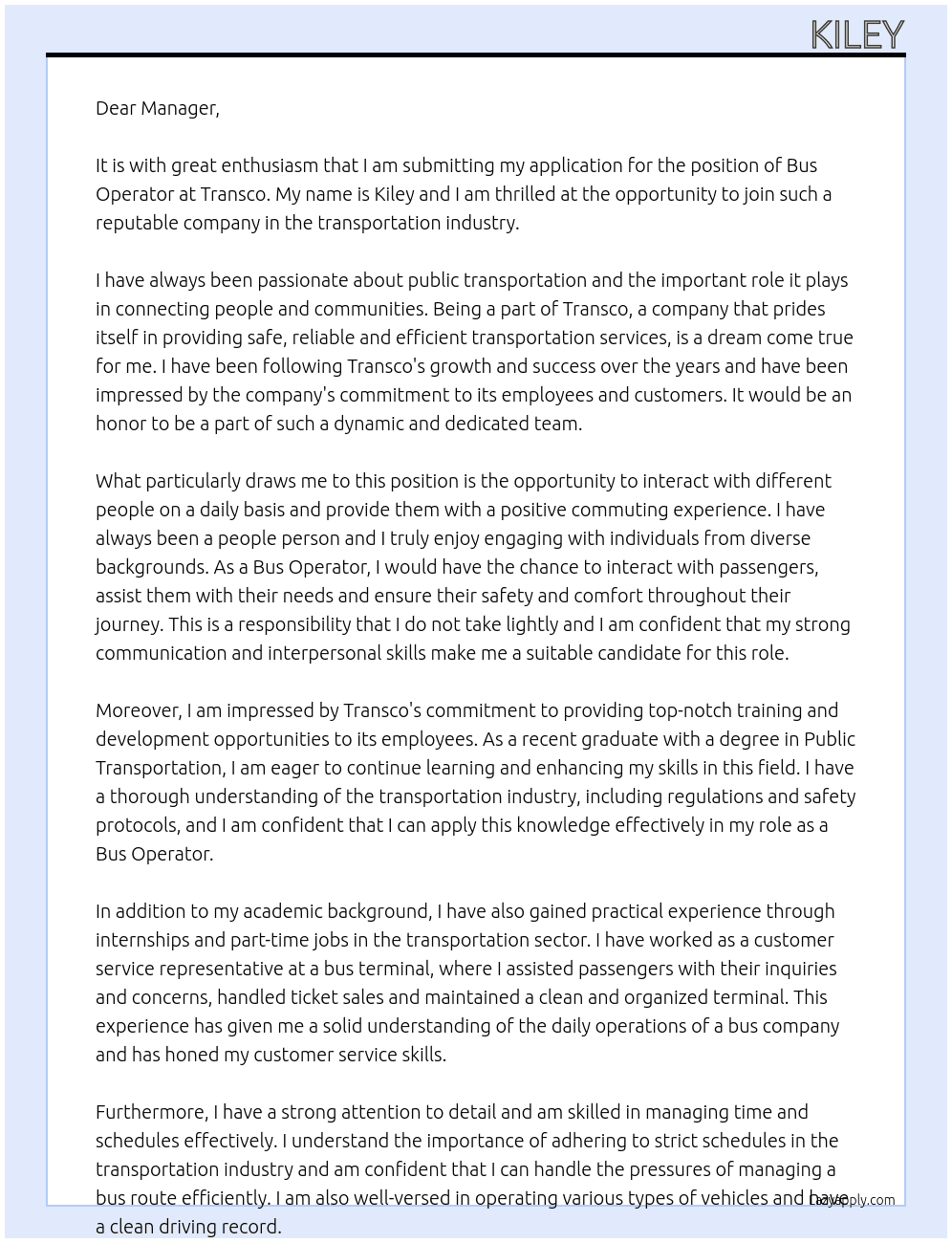 bus operator At transco Cover Letter