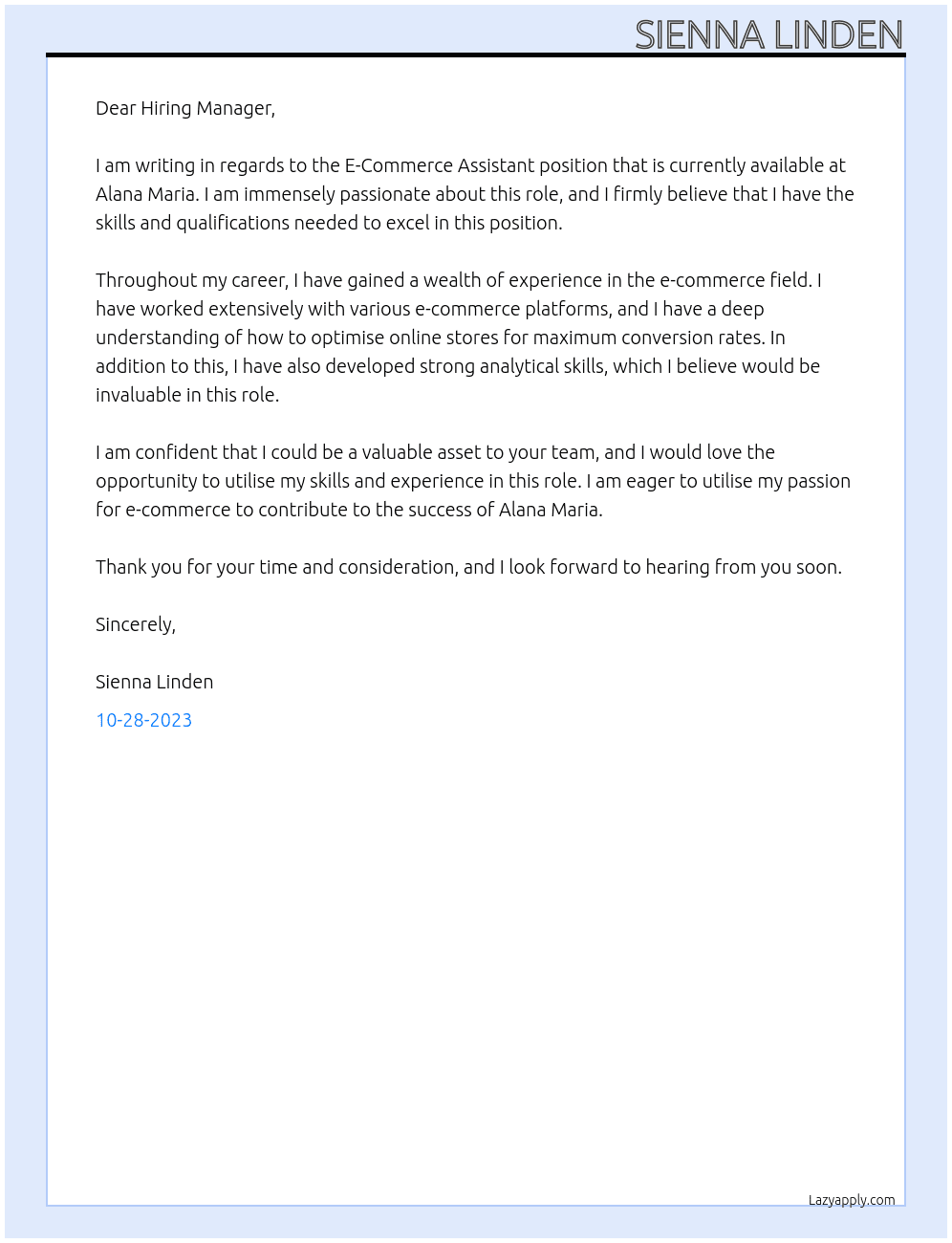 E-Commerce Assistant At Alana Maria Cover Letter