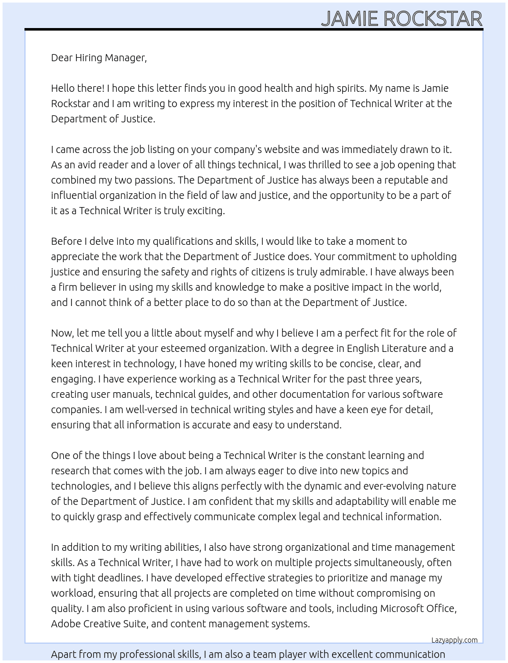 Technical Writer At Department of Justice Cover Letter