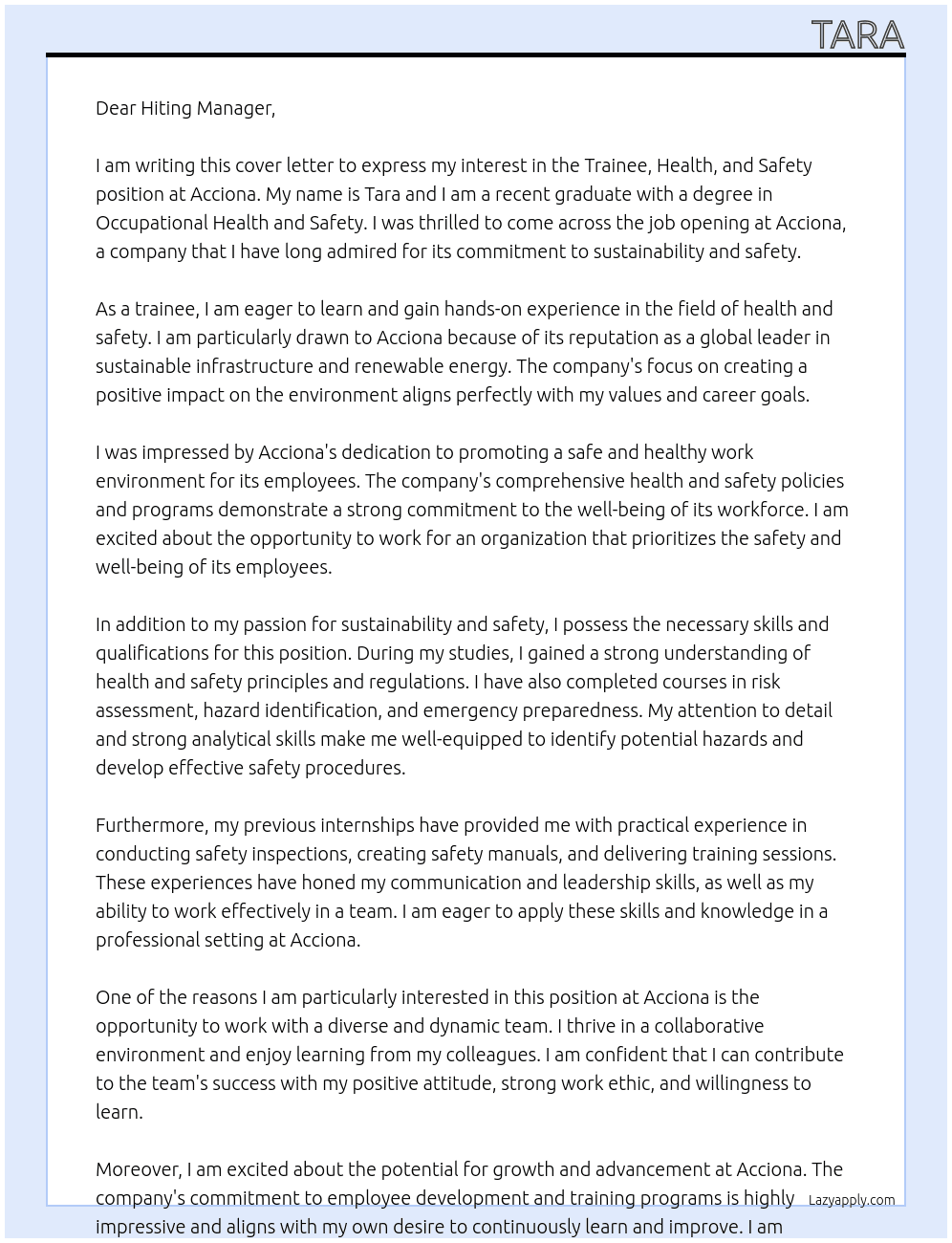 Trainee, Health, and Safety At Acciona Cover Letter