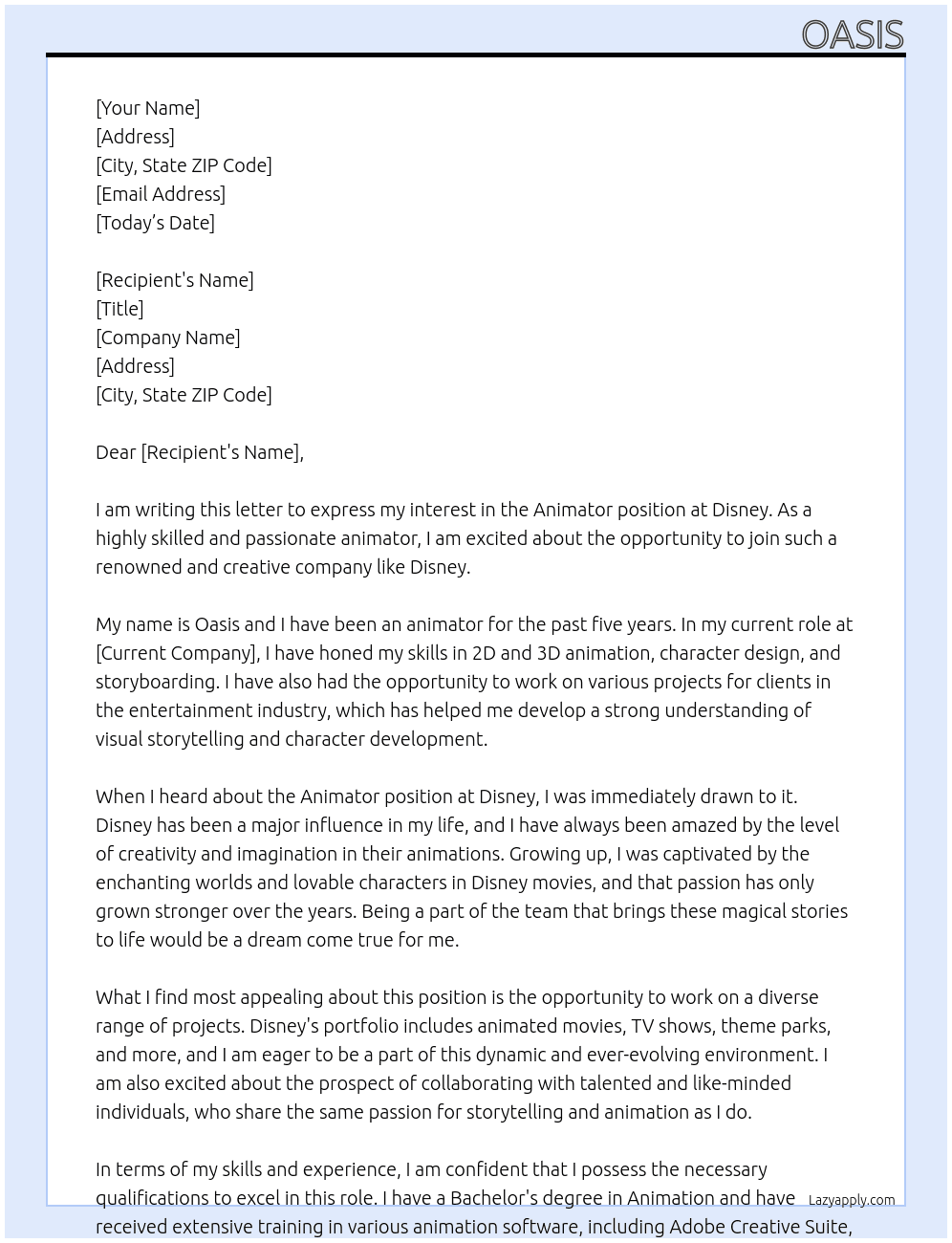 animator At Disney Cover Letter