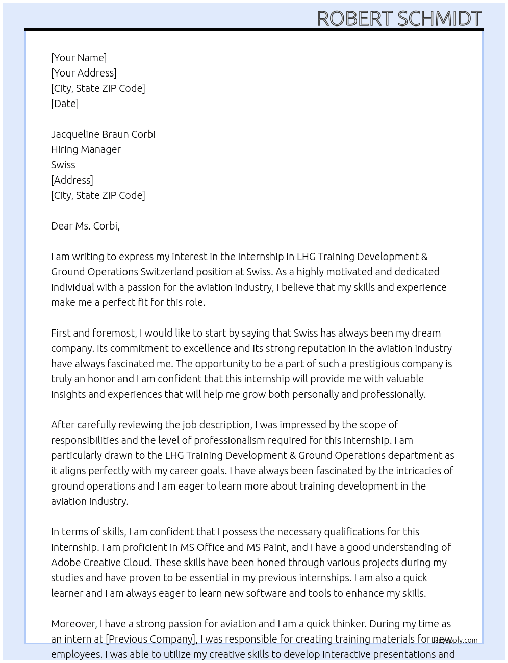 Internship in LHG Training Development & Ground Operations Switzerland At Swiss Cover Letter