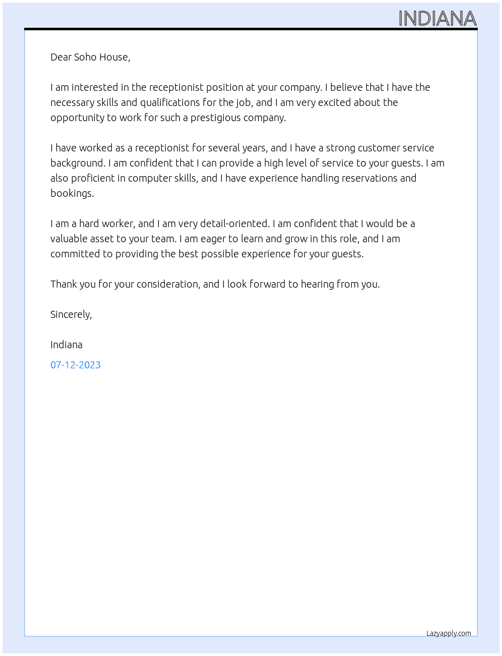 receptionist At soho house Cover Letter