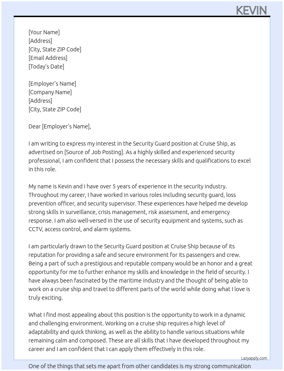 Security guard  At Cruise ship Cover Letter