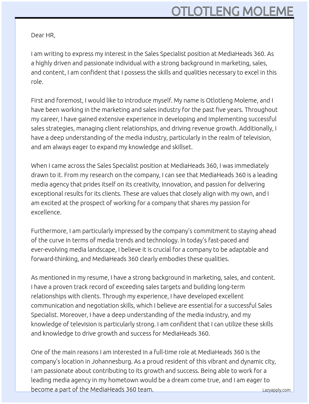 Sales Specialist At MediaHeads 360 Cover Letter