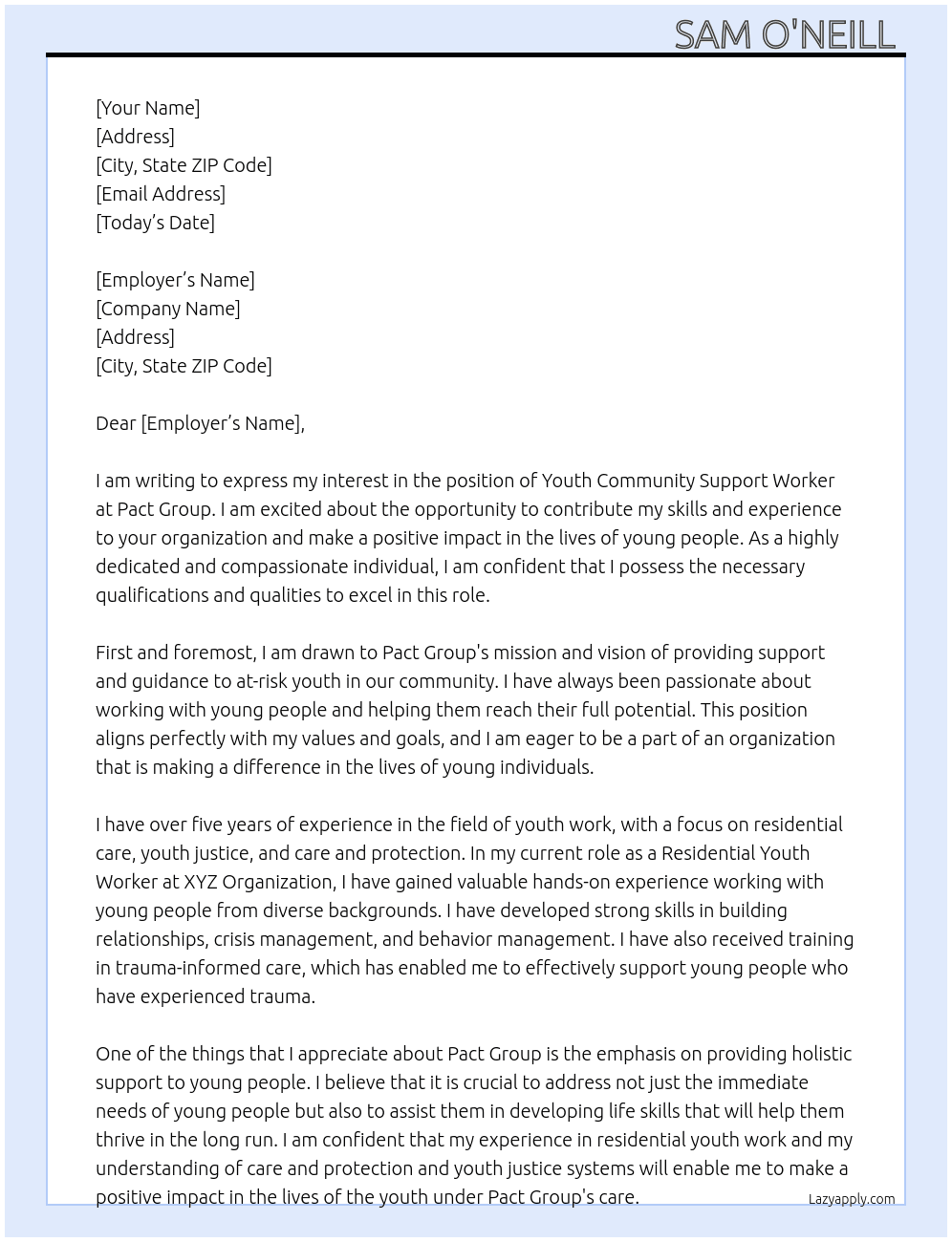 Youth community support worker At Pact Group Cover Letter