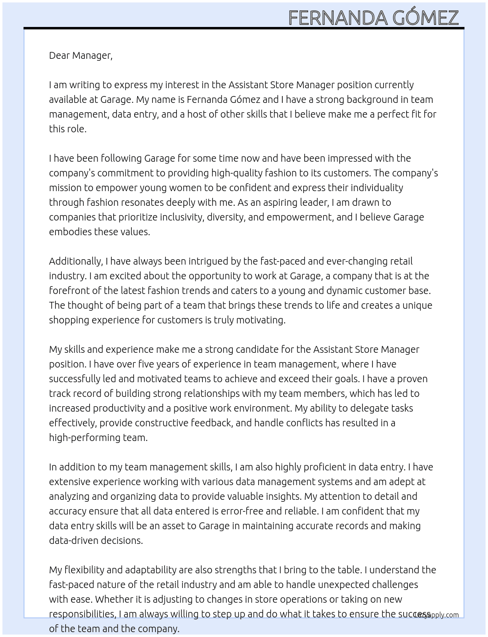 Assistant store manager At Garage Cover Letter