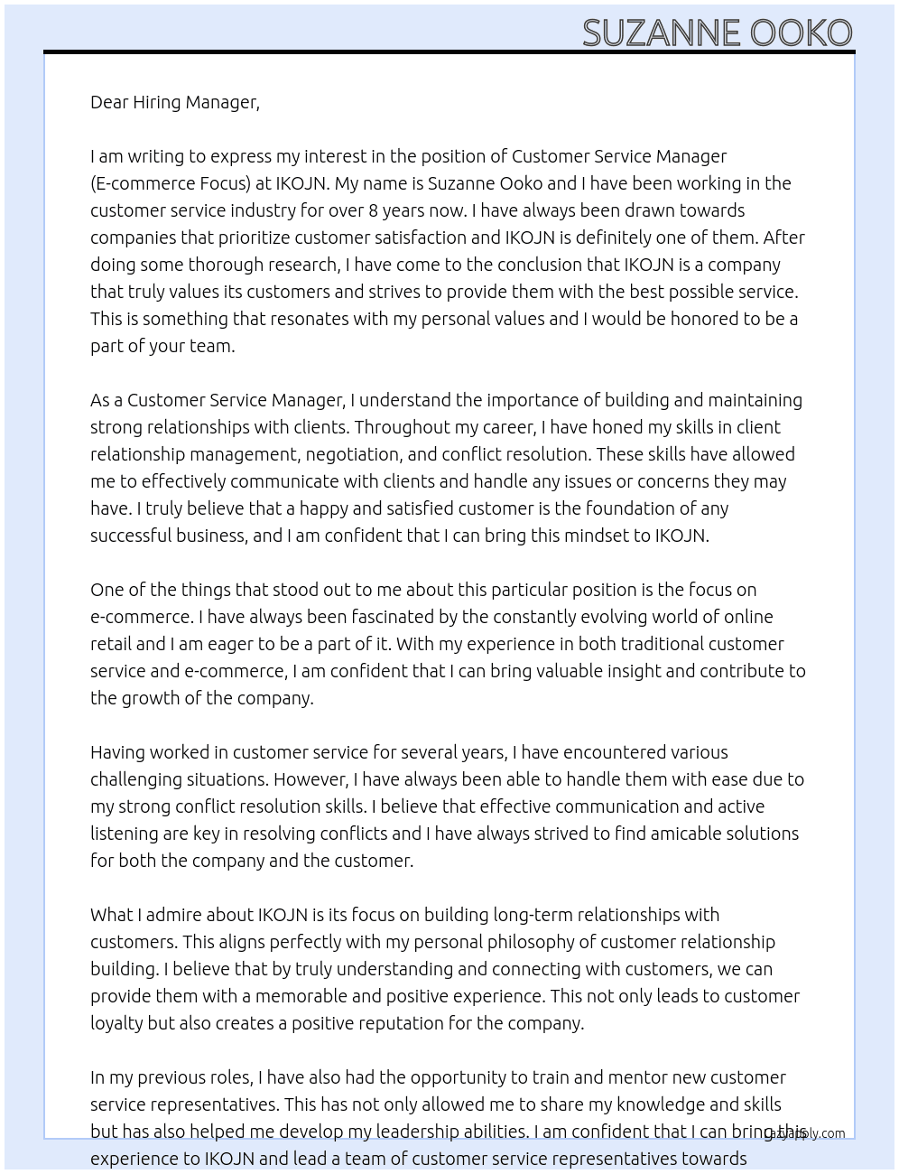 Customer Service Manager (E-commerce Focus At IKOJN Cover Letter