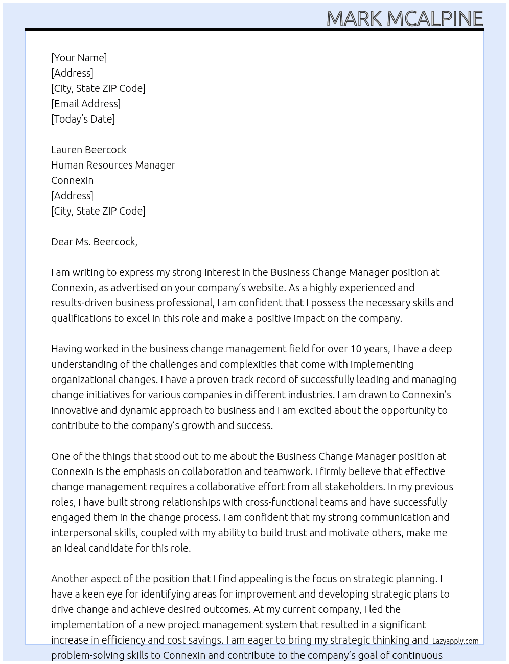 business change manager At connexin Cover Letter