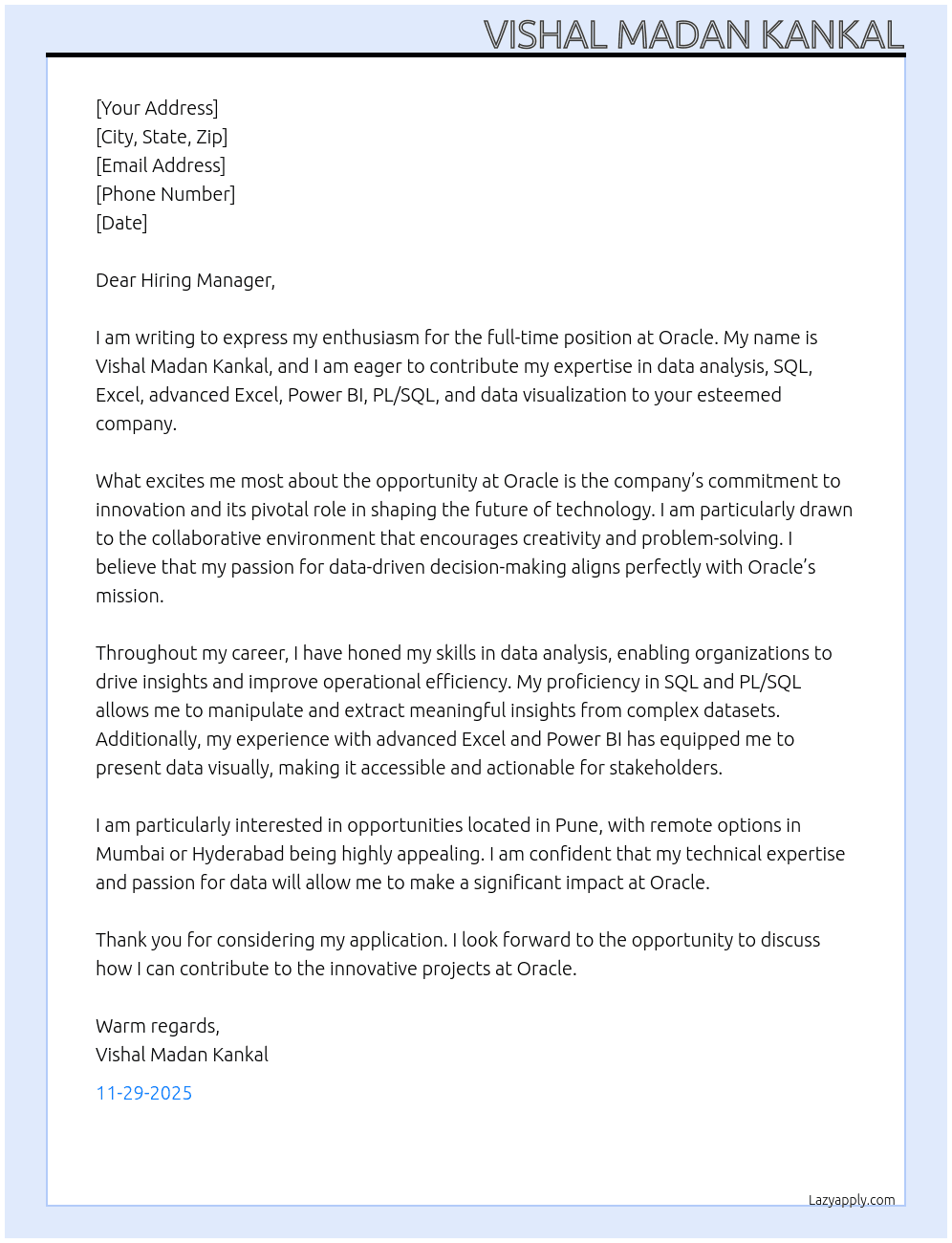 Cover letter for oracle - LazyApply