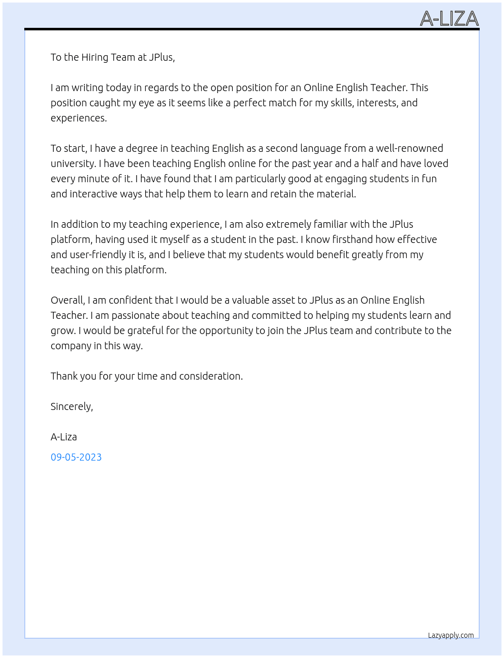 Online English Teacher At JPlus Cover Letter