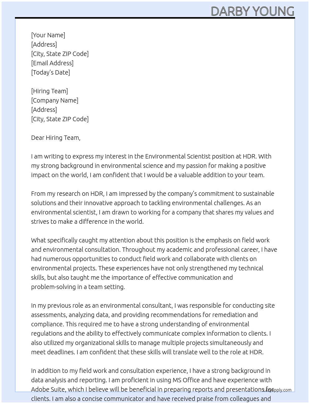 Environmental Scientist At HDR Cover Letter