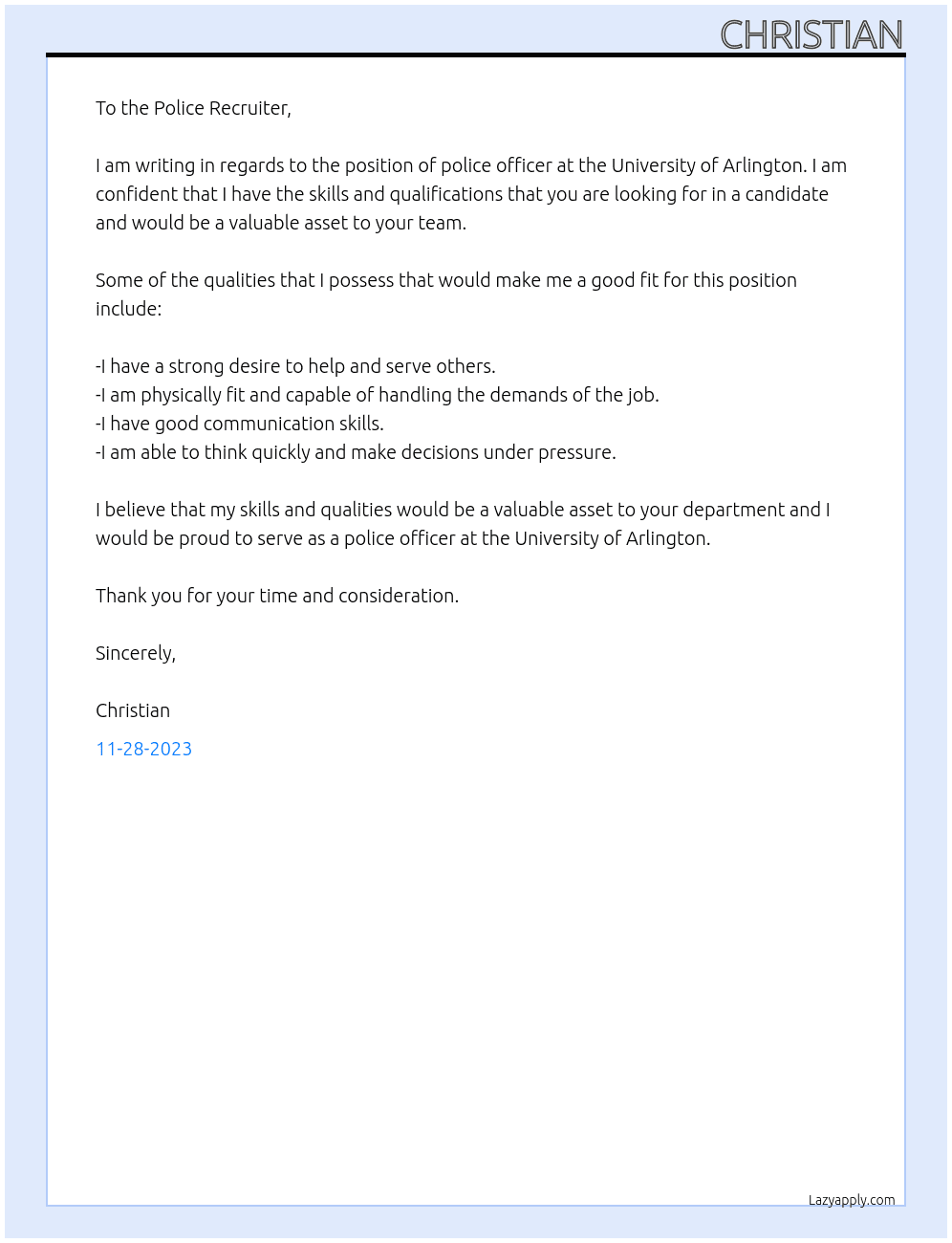 Police Officer At University of Arlington Cover Letter