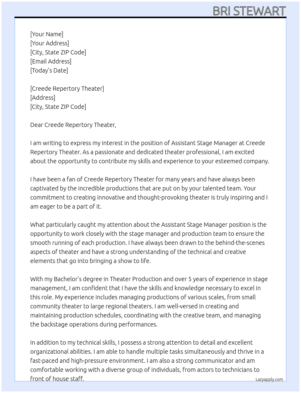 Assistant Stage Manager At Creede Repertory Theater Cover Letter