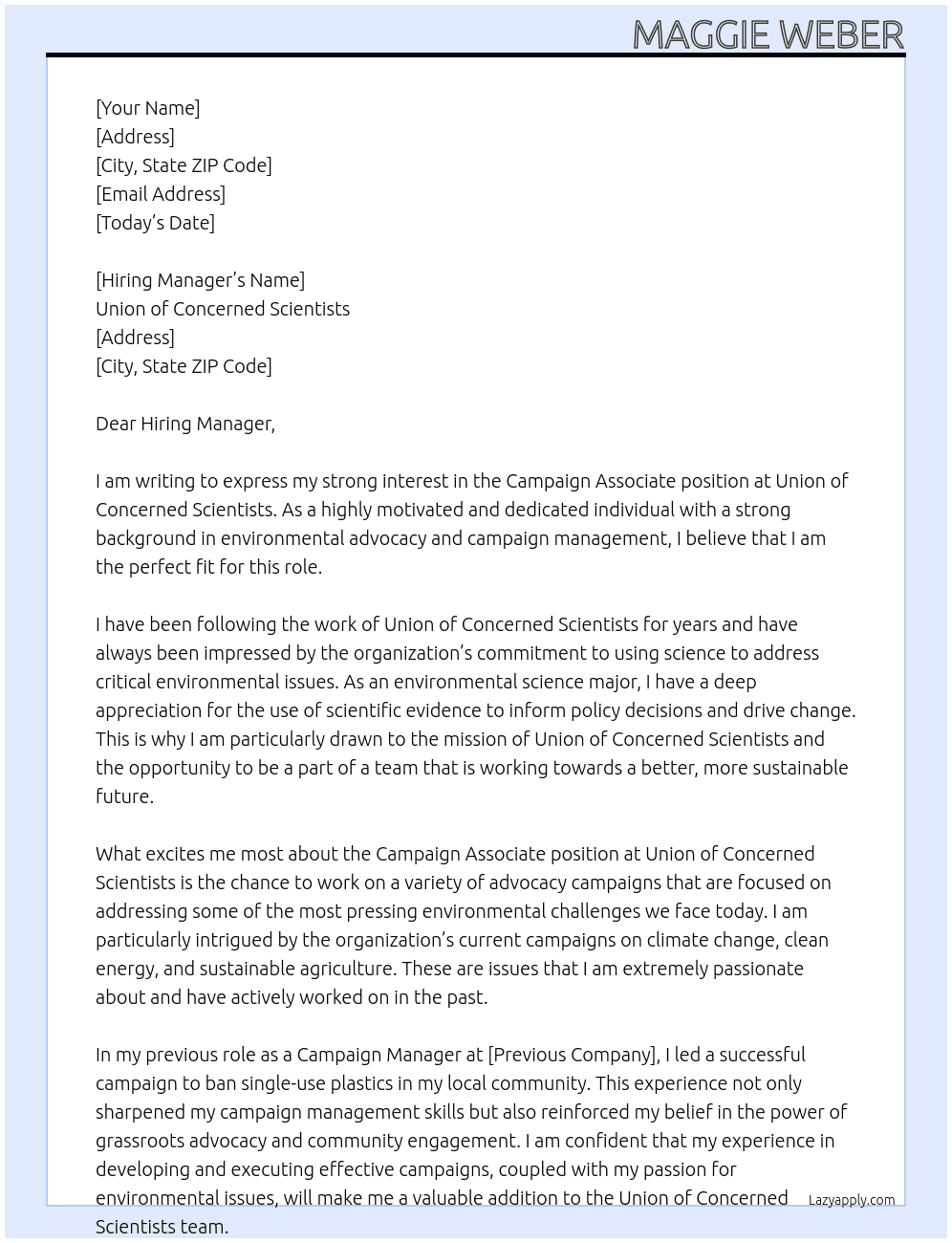 campaign associate At union of concerned scientists Cover Letter