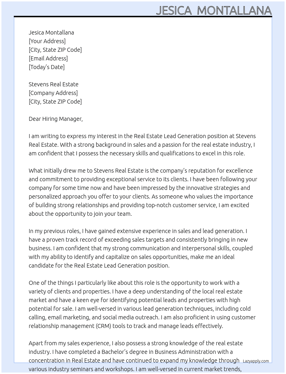 Real Estate Lead Generation  At Stevens Real Estate  Cover Letter