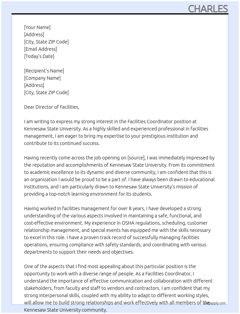 Facilites Coordinator At Kennesaw State University  Cover Letter