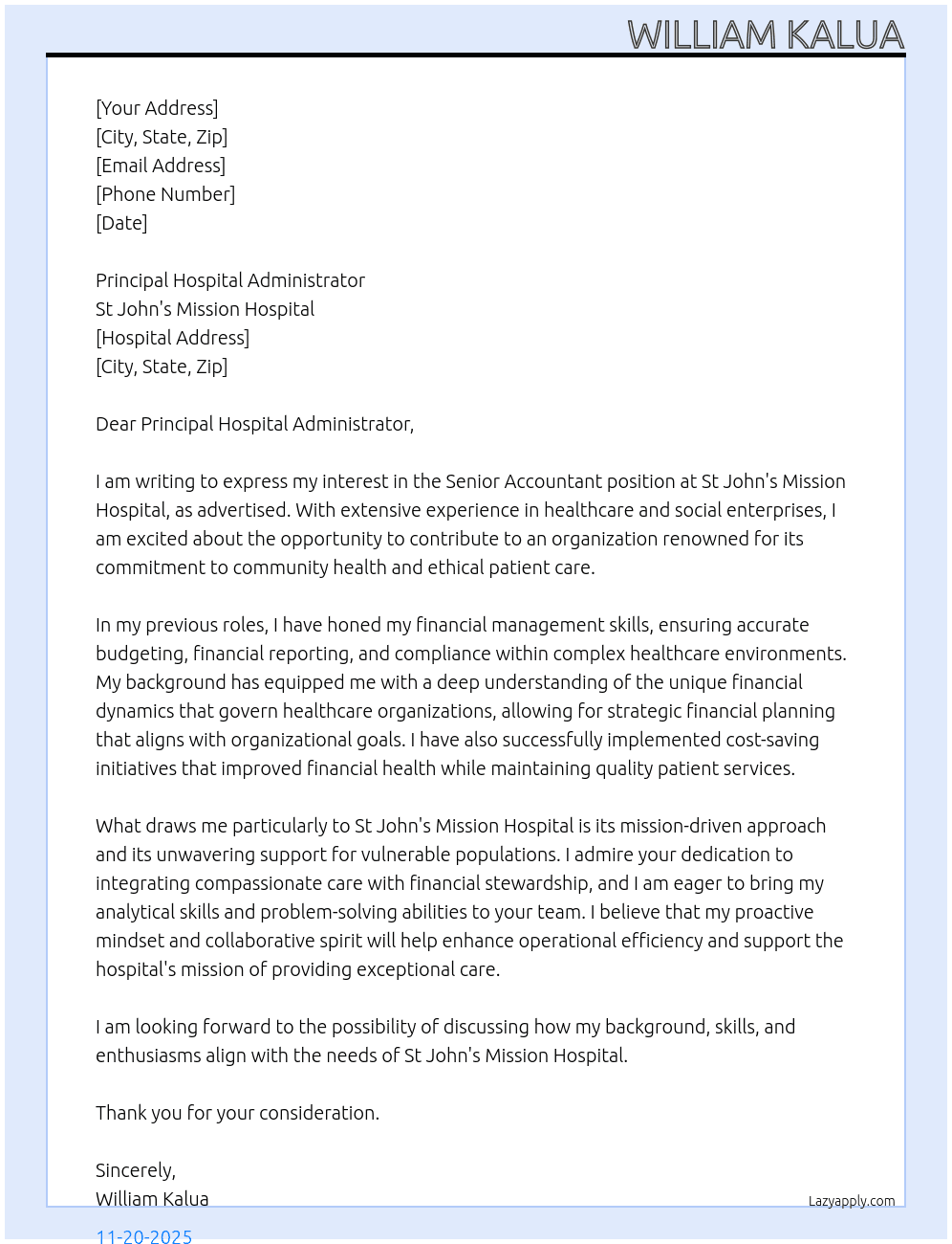 Senior Accountant At St John's Mission Hospital Cover Letter