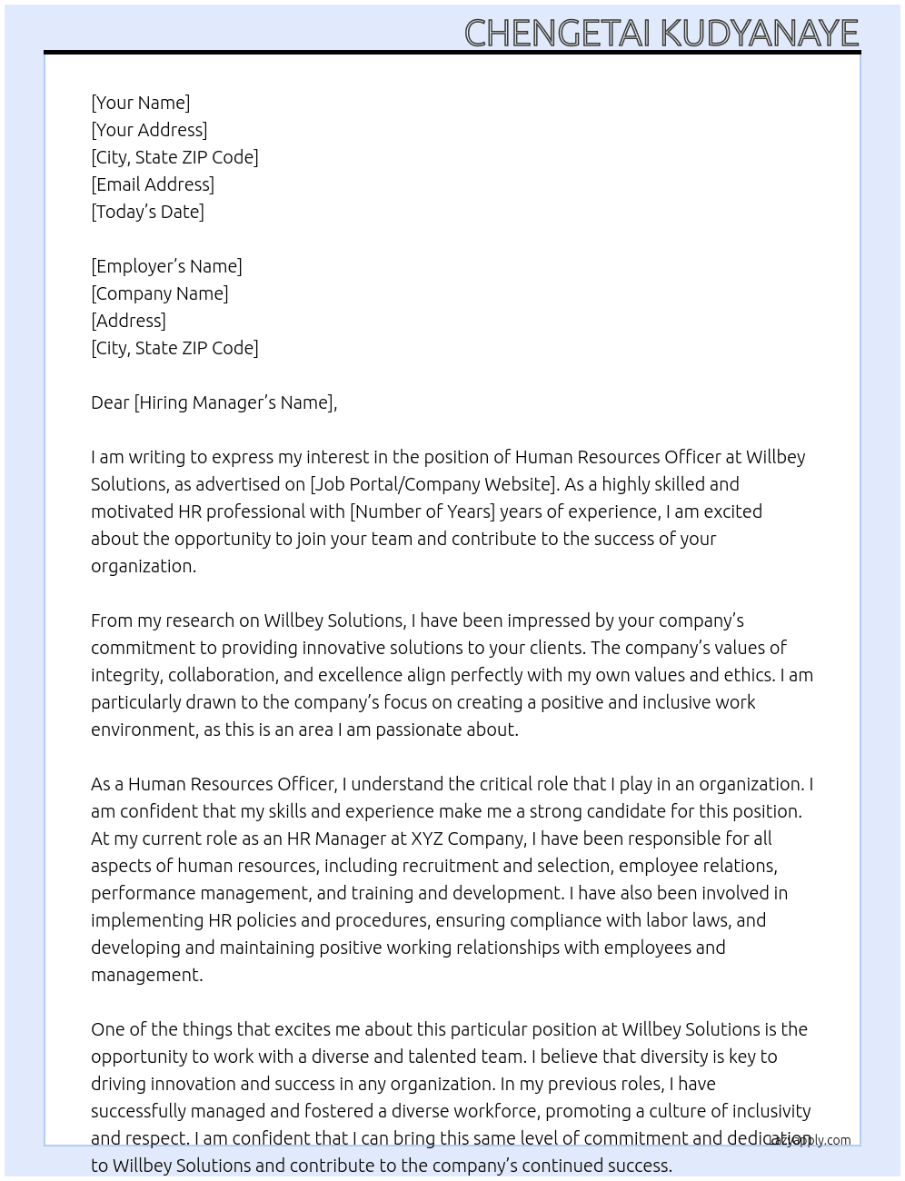 Human Resources Officer  At Willbey Solutions Cover Letter
