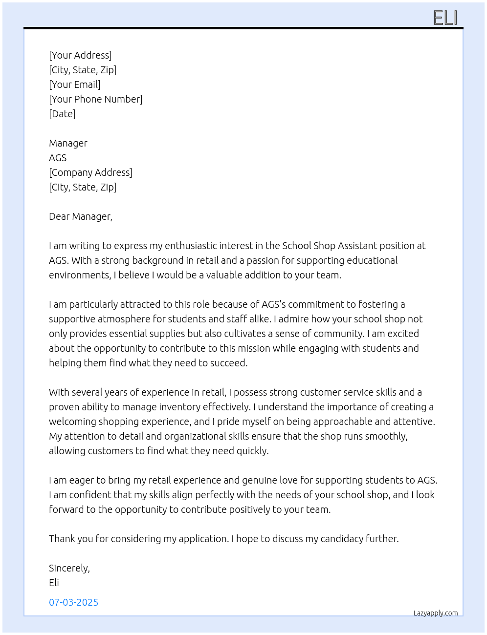School Shop Assistant At AGS Cover Letter