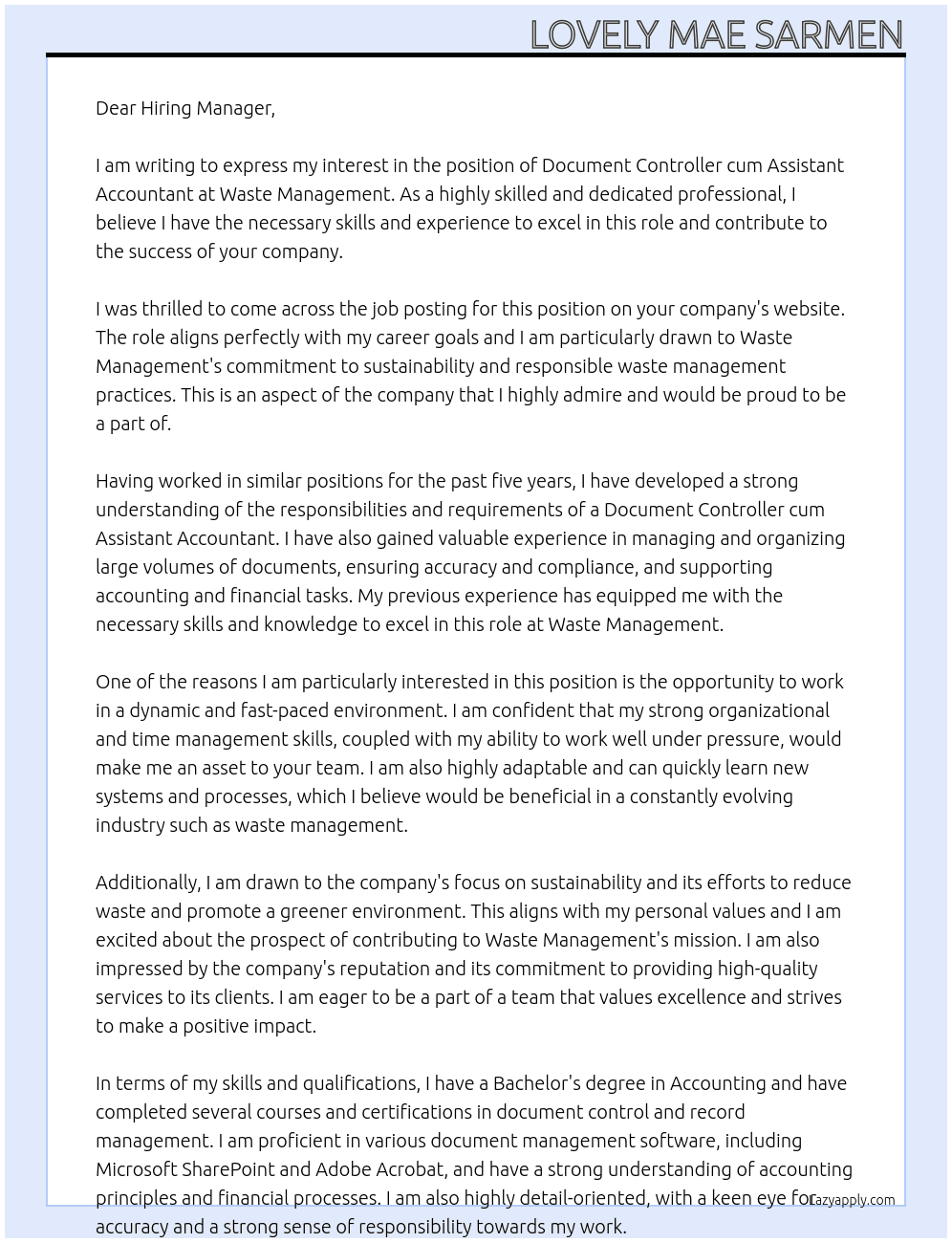Document Controller cum Assistant Accoutant At Waste Management Cover Letter