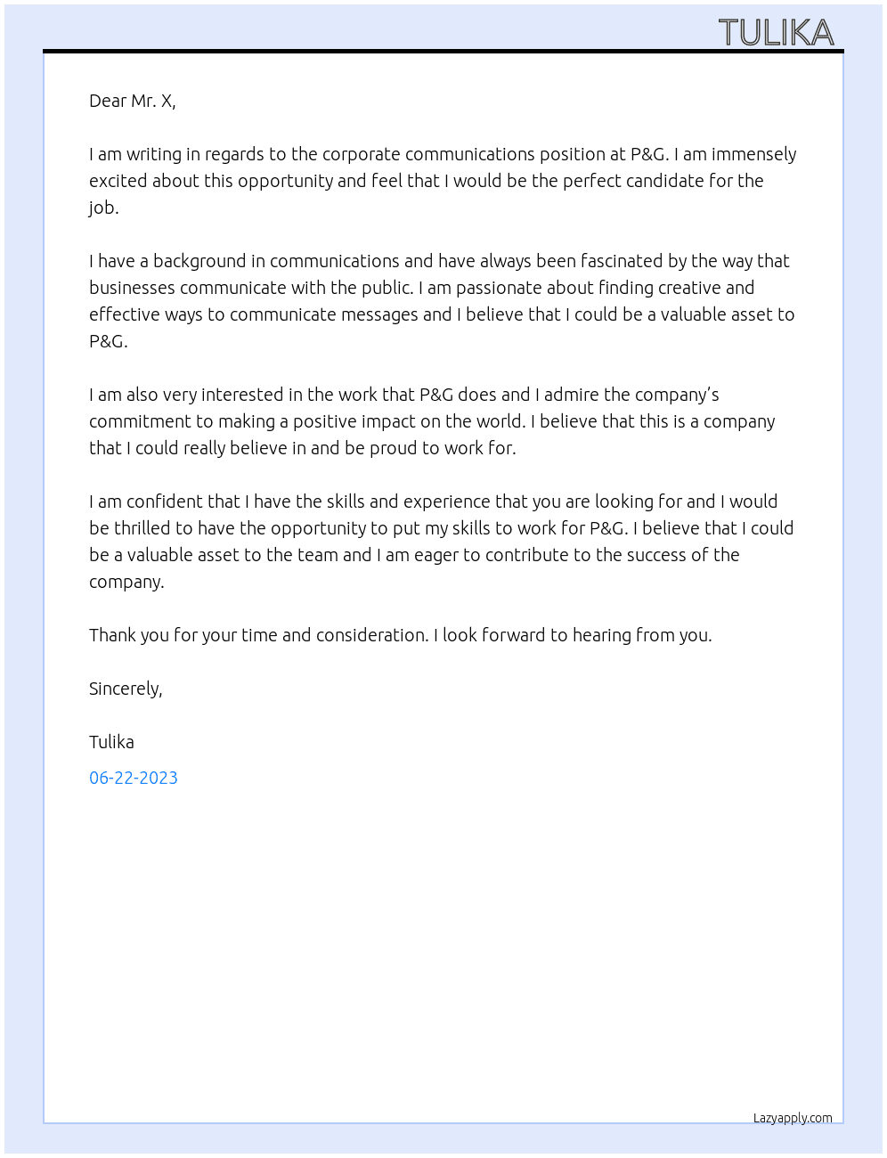 Corporate communications  At P&G Cover Letter
