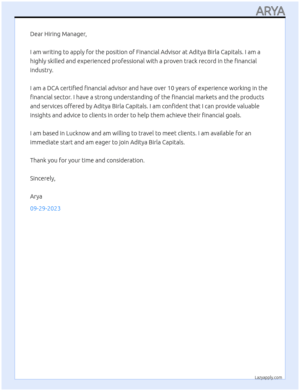 Financial Advisor  At Aditya Birla Capitals  Cover Letter