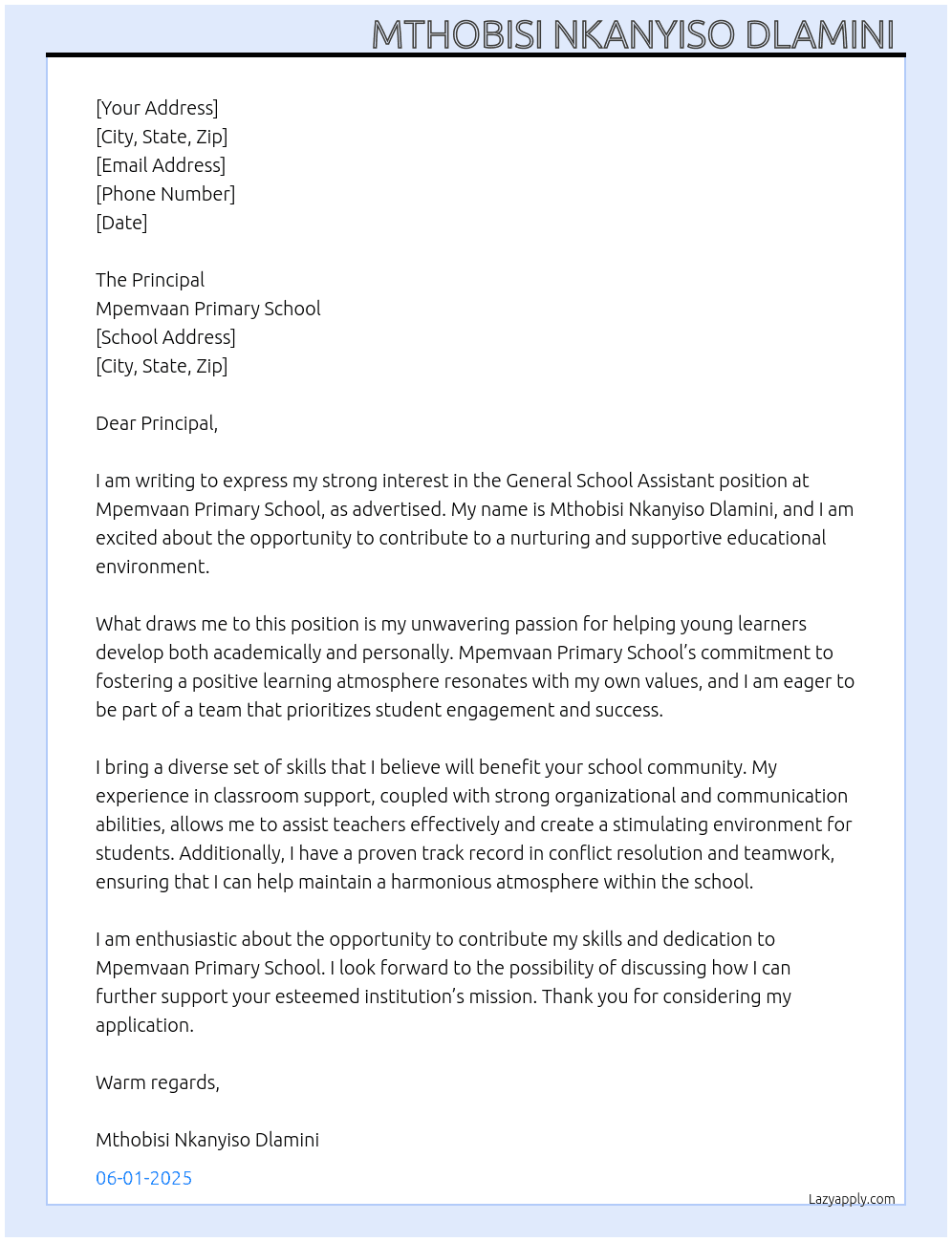 General School Assistant  At Mpemvaan Primary School  Cover Letter