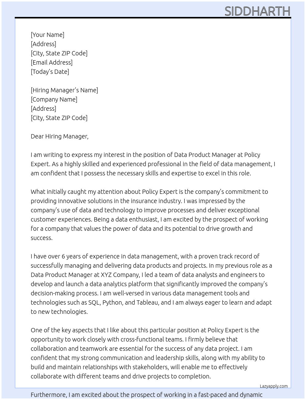 Data Product Manager At Policy Expert Cover Letter