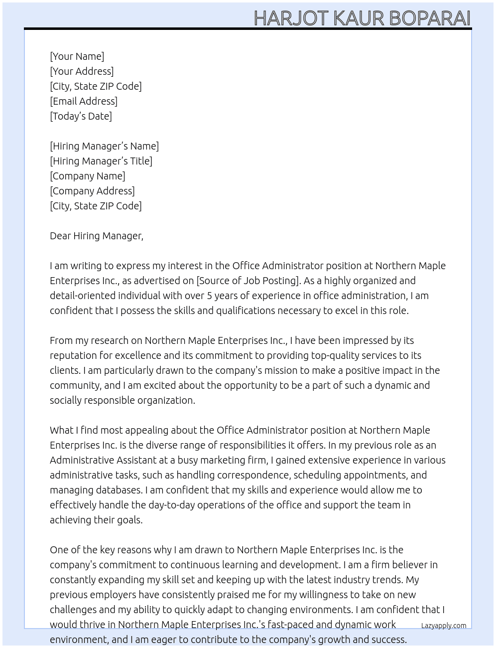 Office Administrator At Northern Maple Enterprises Inc.   Cover Letter