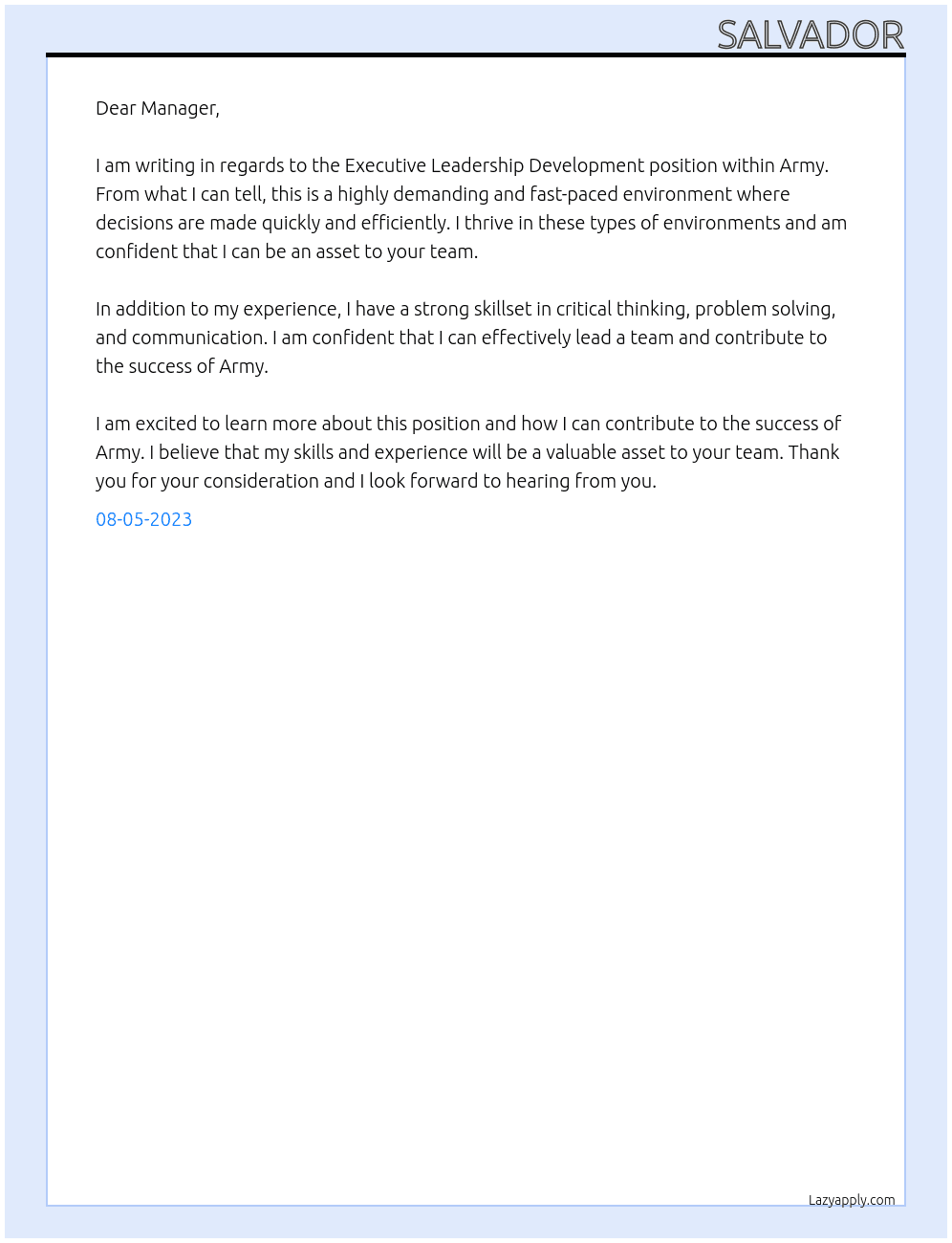 Executive Leadership Development At Army Cover Letter