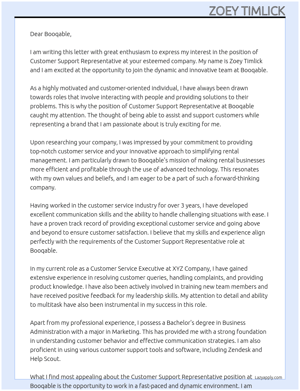 Customer Support Representative At Booqable Cover Letter